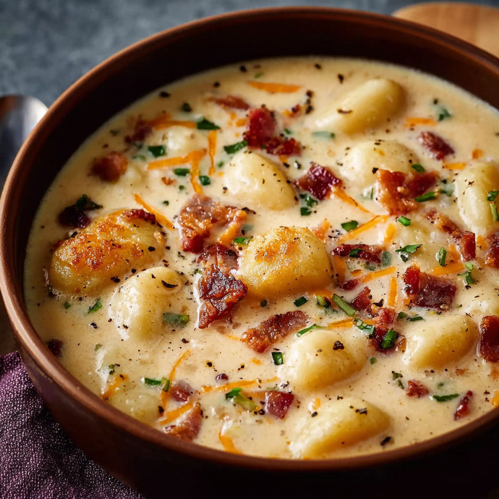 A bowl of soup with bacon and cheddar gnocchi.