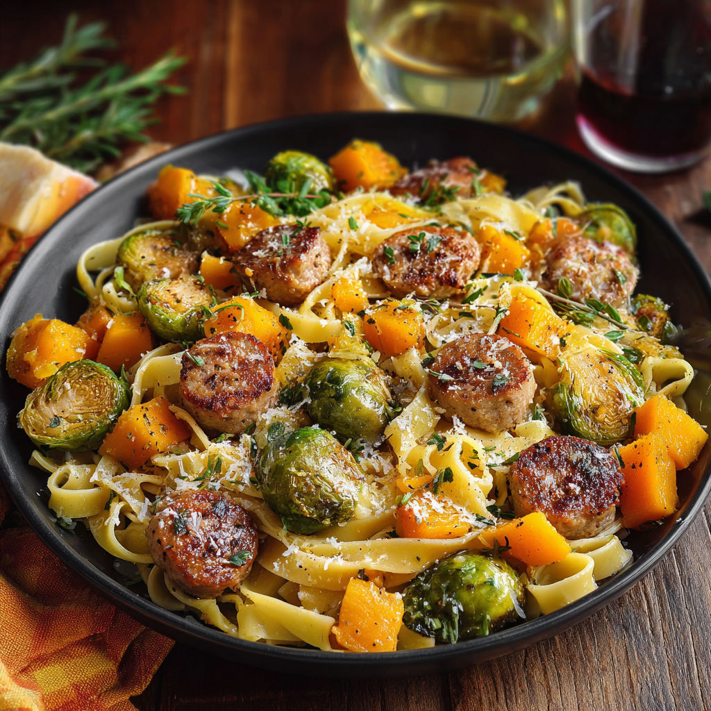 A plate of pasta, sausage, and vegetables.