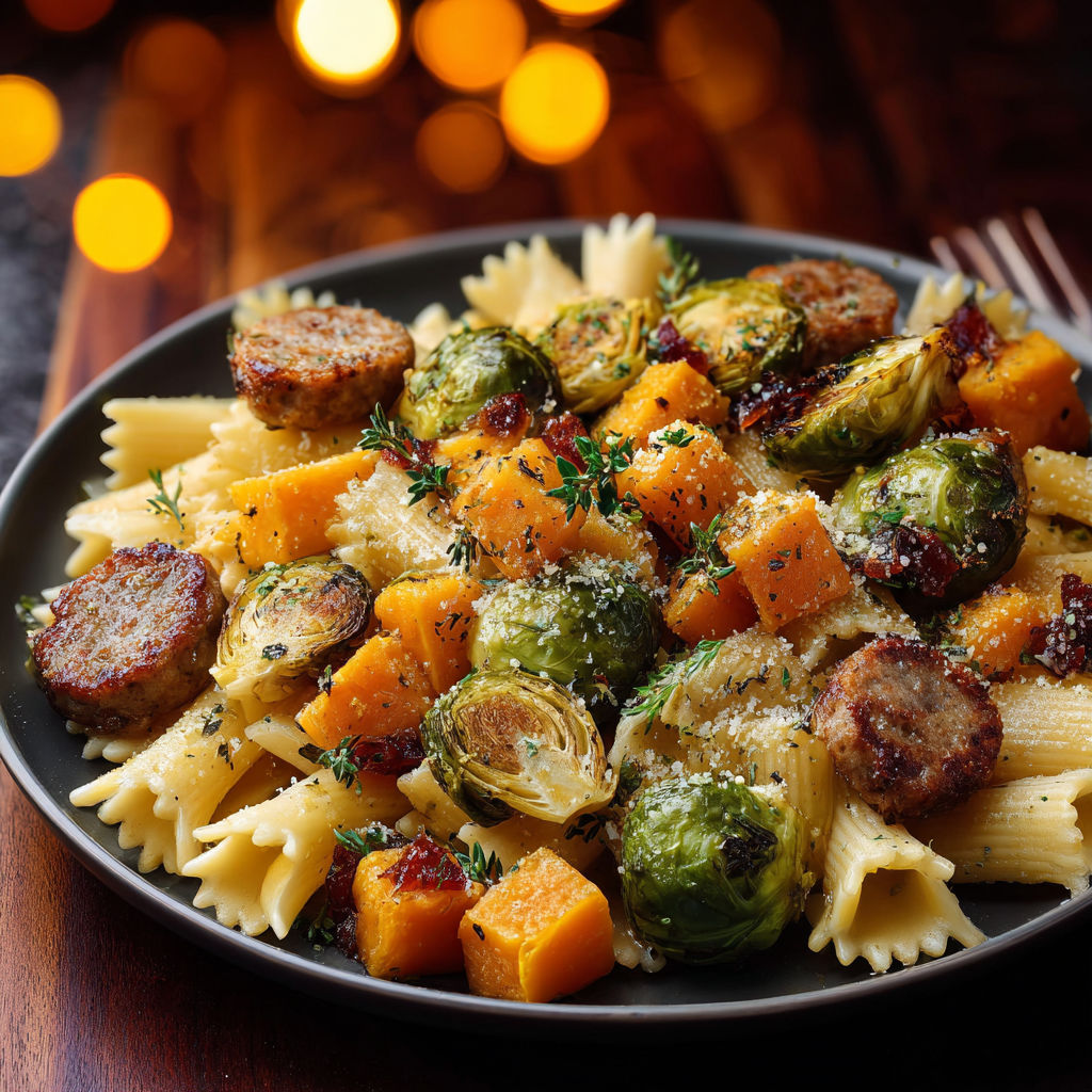 A plate of pasta with sausage, brussels sprouts, and butternut squash.