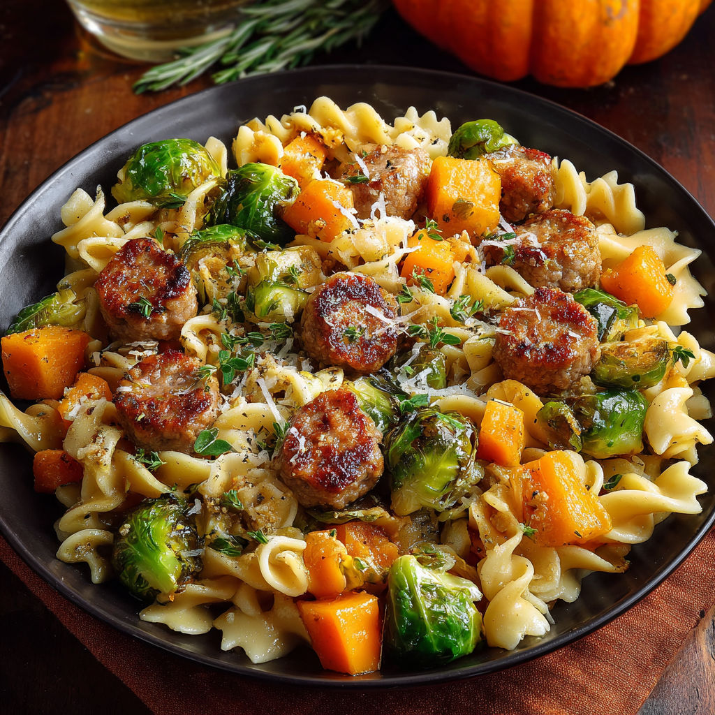 A plate of pasta, sausage, and vegetables.