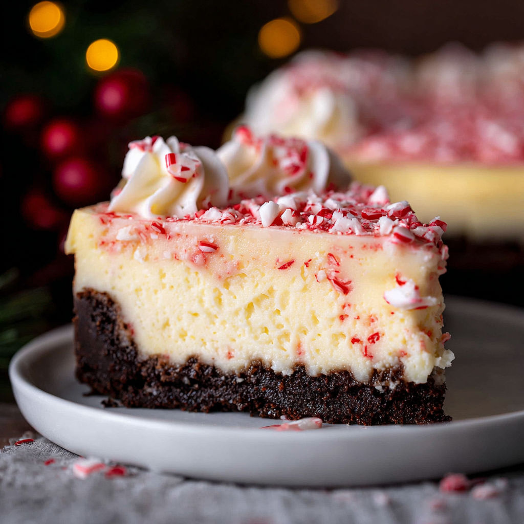 A slice of white chocolate peppermint cheesecake.