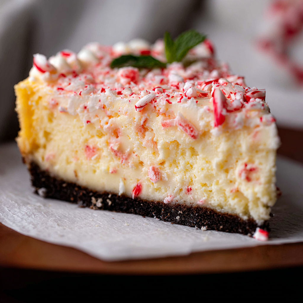 A slice of white chocolate peppermint cheesecake.