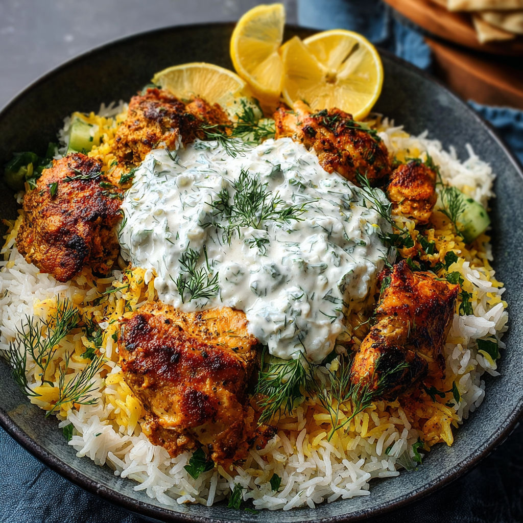 A bowl of rice with chicken and a yogurt sauce.