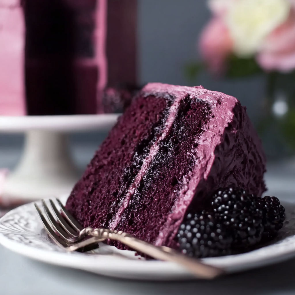 A slice of blackberry velvet cake on a plate.
