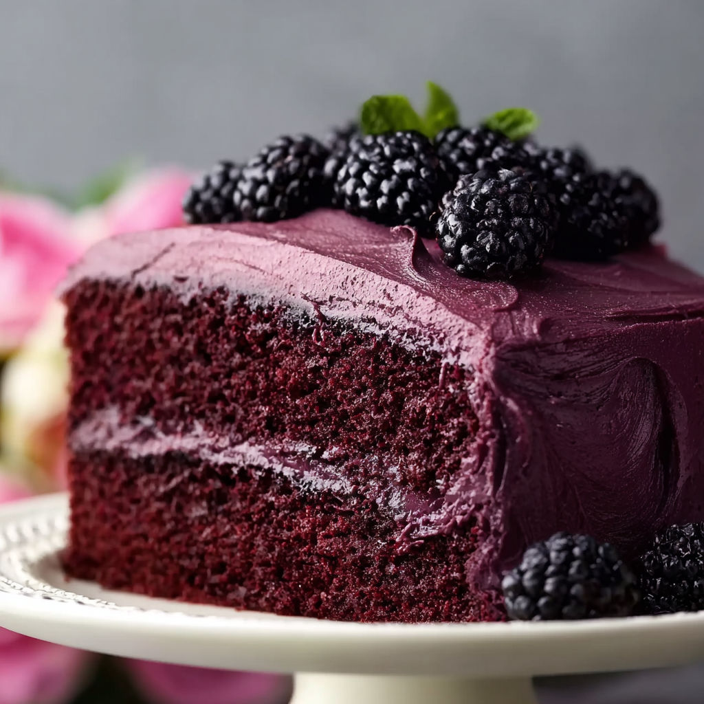 A slice of blackberry velvet cake on a plate.