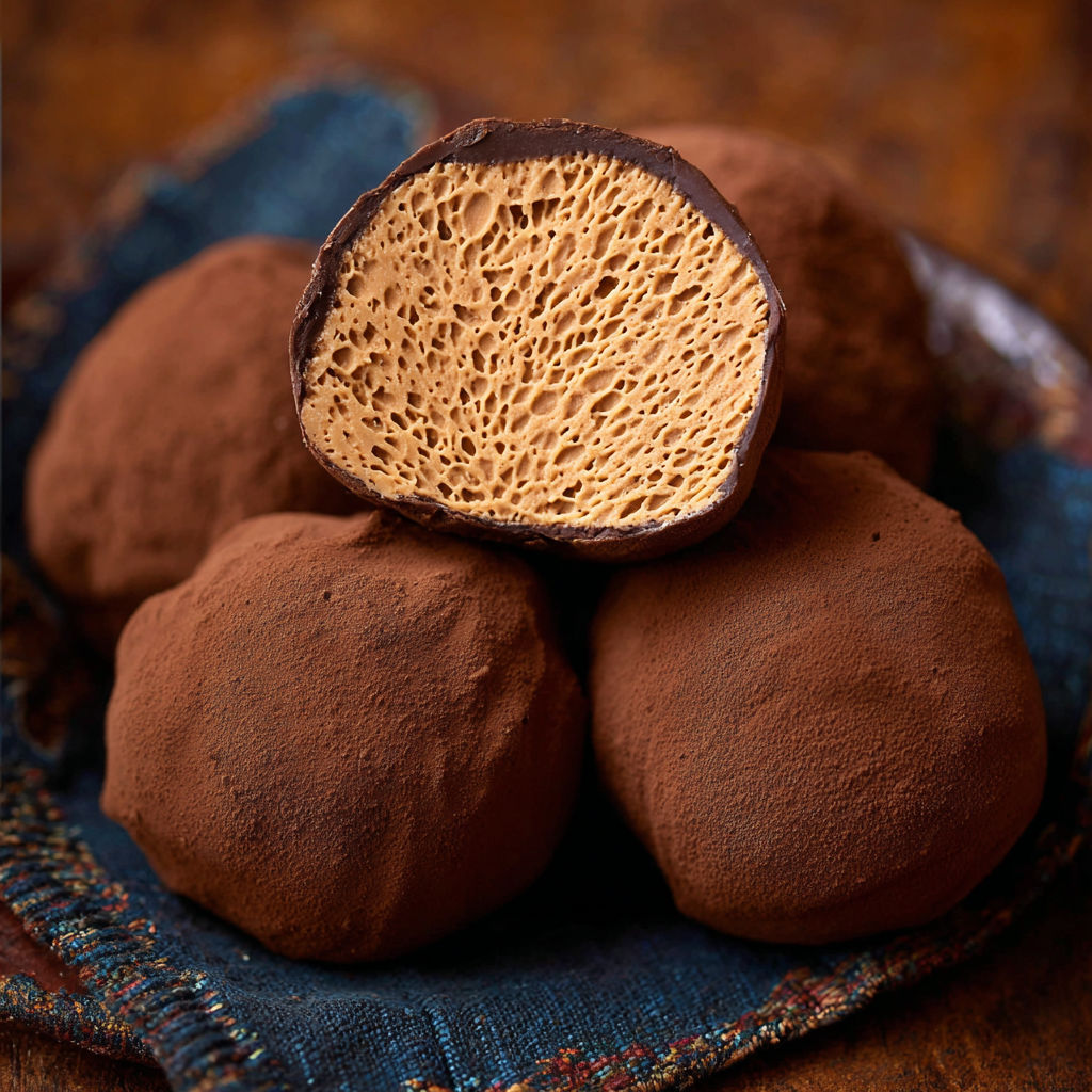 A bowl of chocolate truffles with a hole in the center.