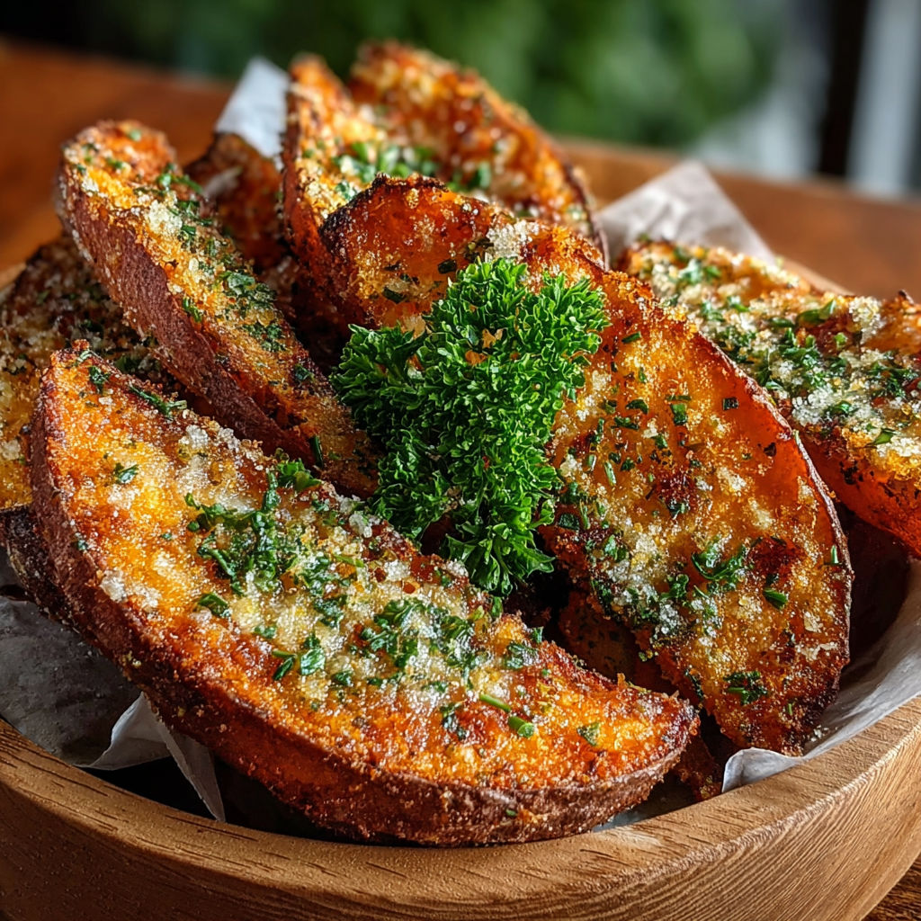 A bowl of garlic Parmesan sweet potato wedges.