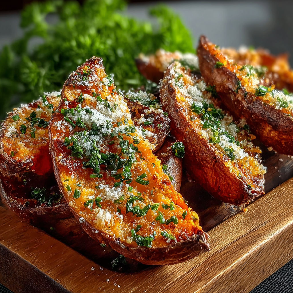 Garlic Parmesan Sweet Potato Wedges.