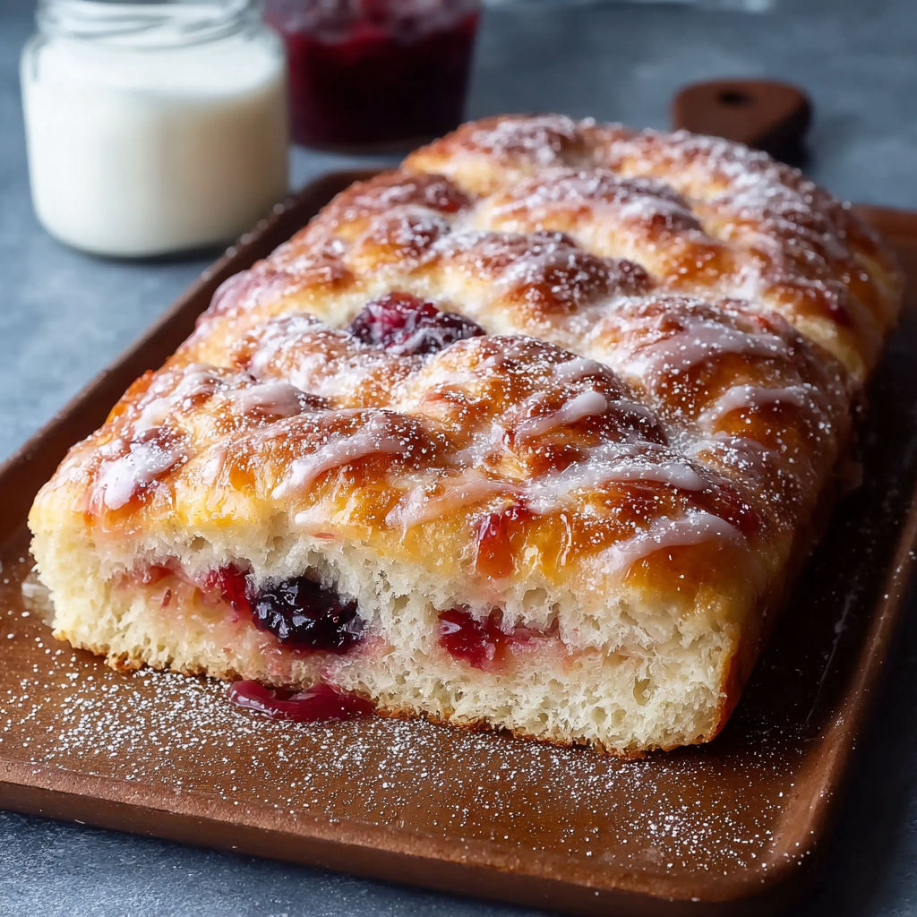 A homemade jam donut focaccia with powdered sugar on top.