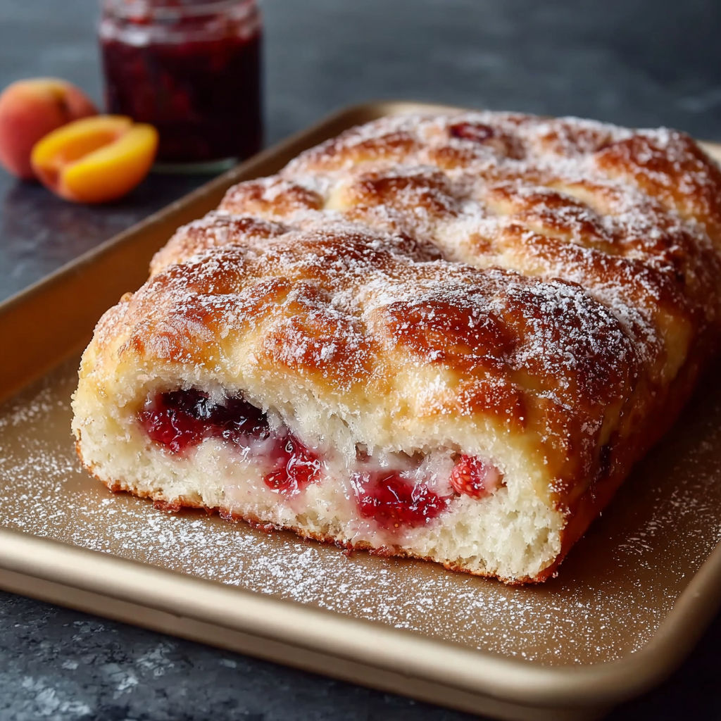 A homemade jam donut focaccia with powdered sugar on top.