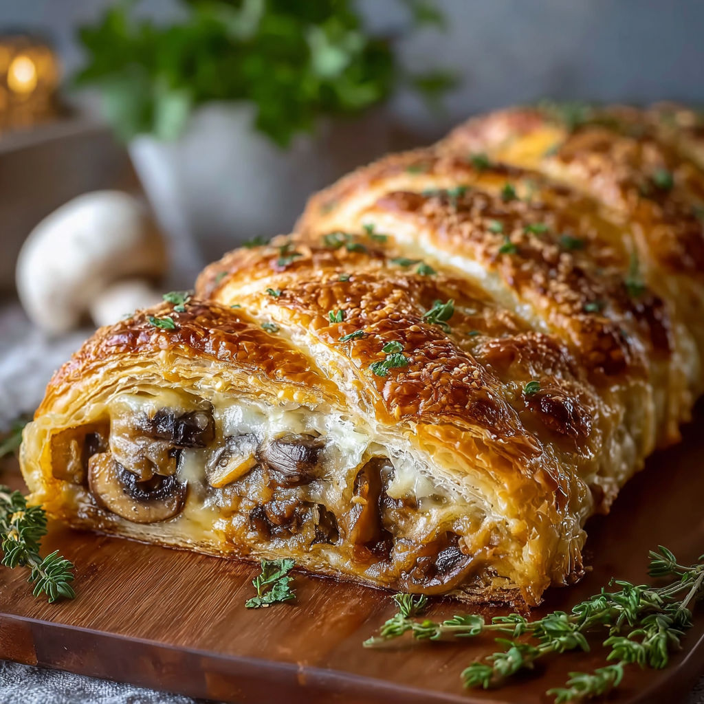 A delicious pastry braid filled with mushrooms and cheese.