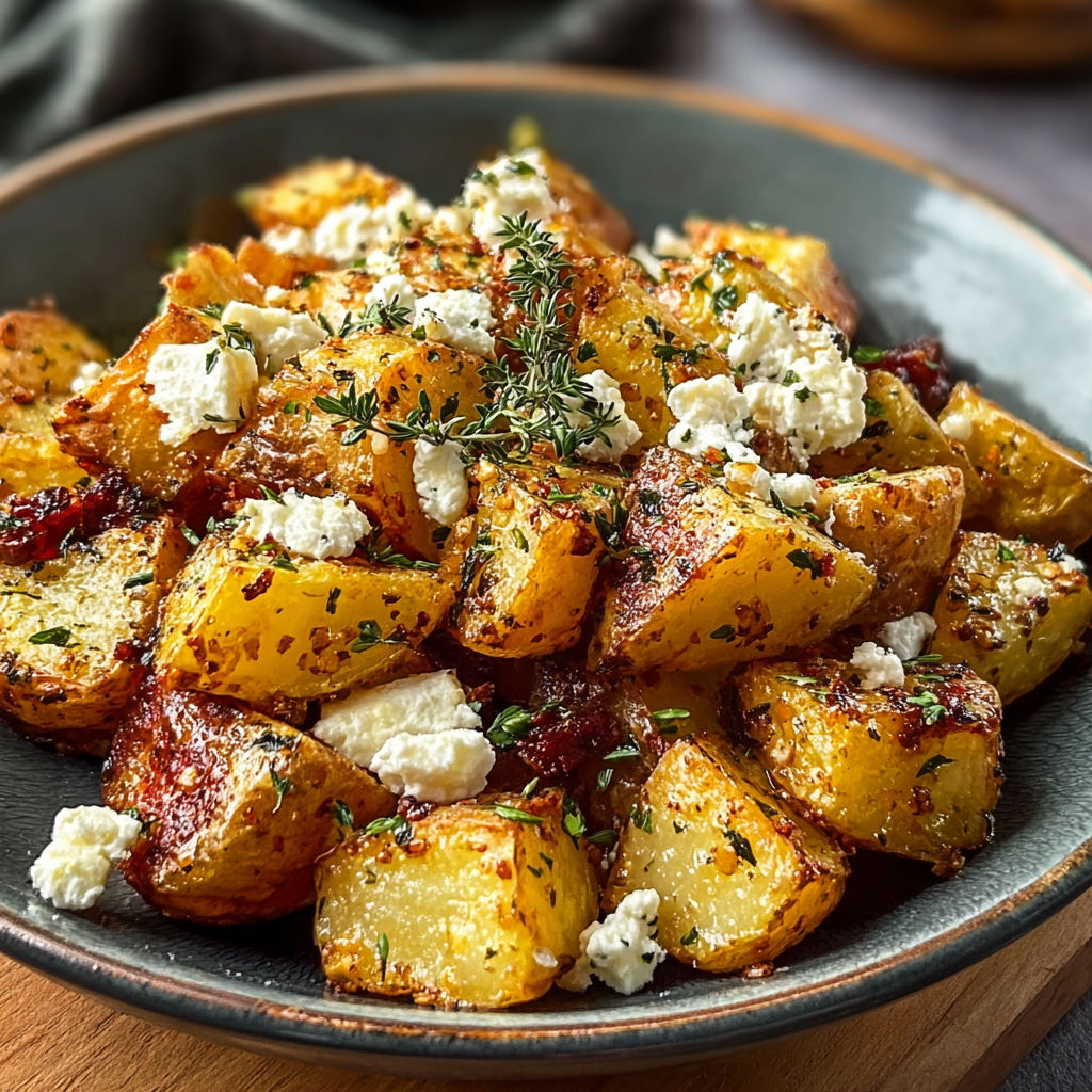 A plate of roasted potatoes with feta cheese and garlic.