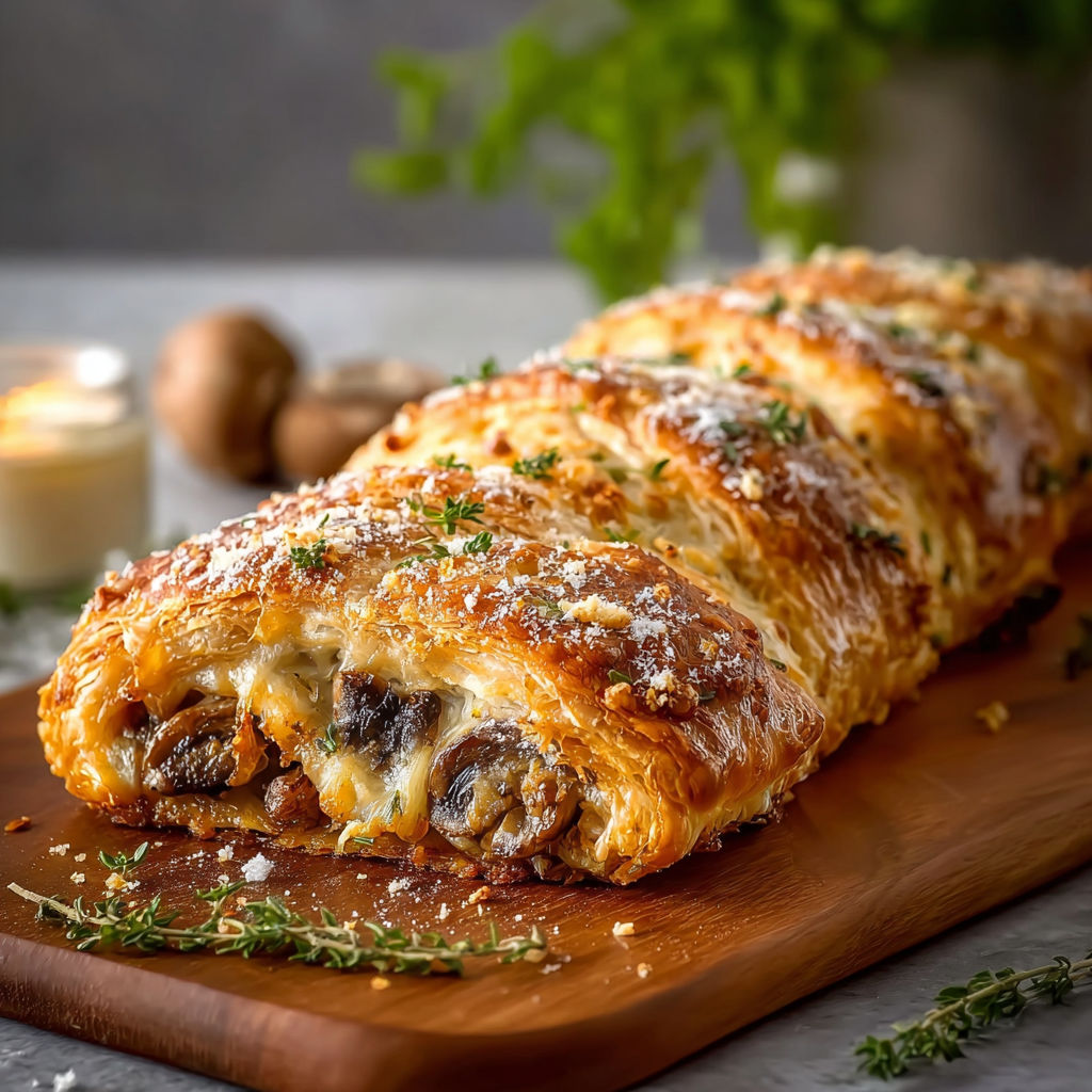 A delicious pastry with mushrooms and cheese.