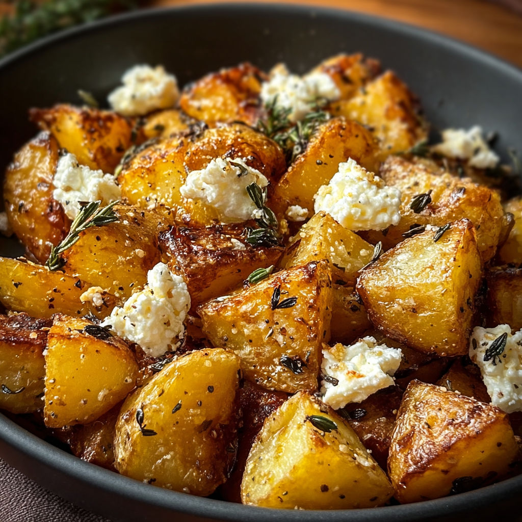 A bowl of roasted potatoes with feta cheese and garlic.