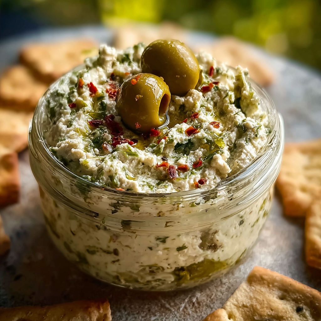 A jar of creamy feta and green olive spread.