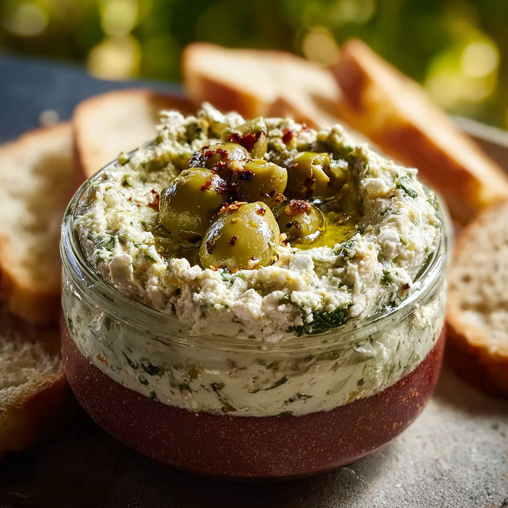 A bowl of creamy feta and green olive spread.