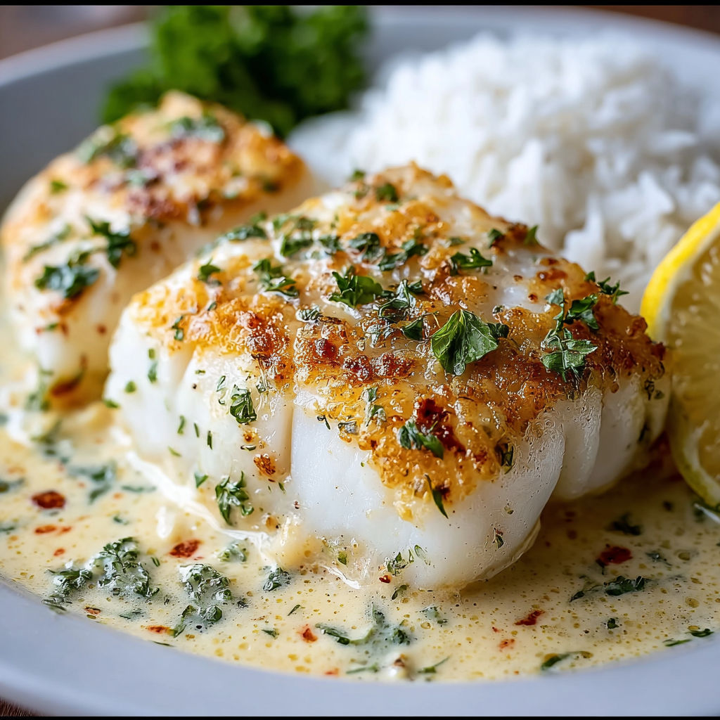 A plate of baked cod in coconut lemon cream sauce.