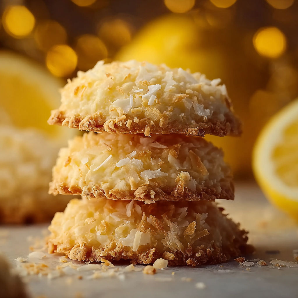 Three stacked lemon coconut cheesecake cookies.