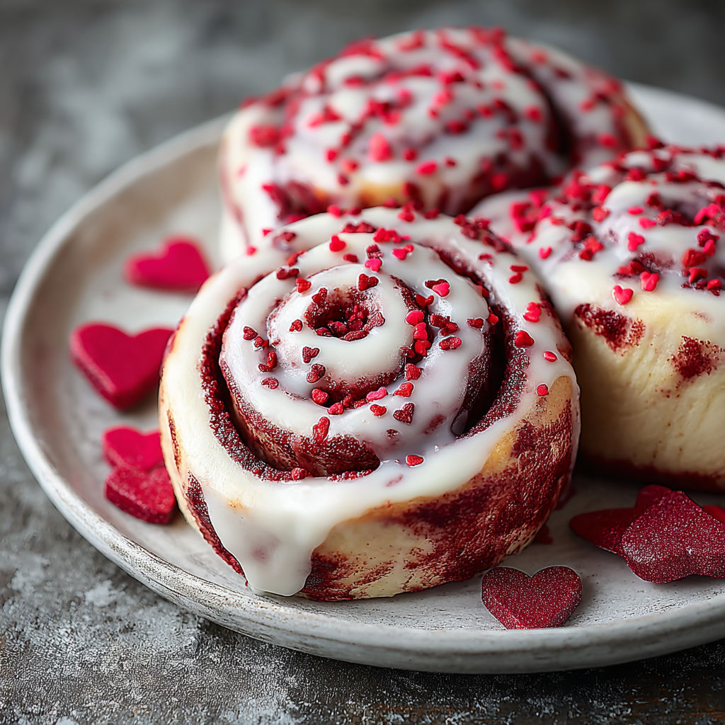 Three red velvet cinnamon rolls with red hearts on a plate.