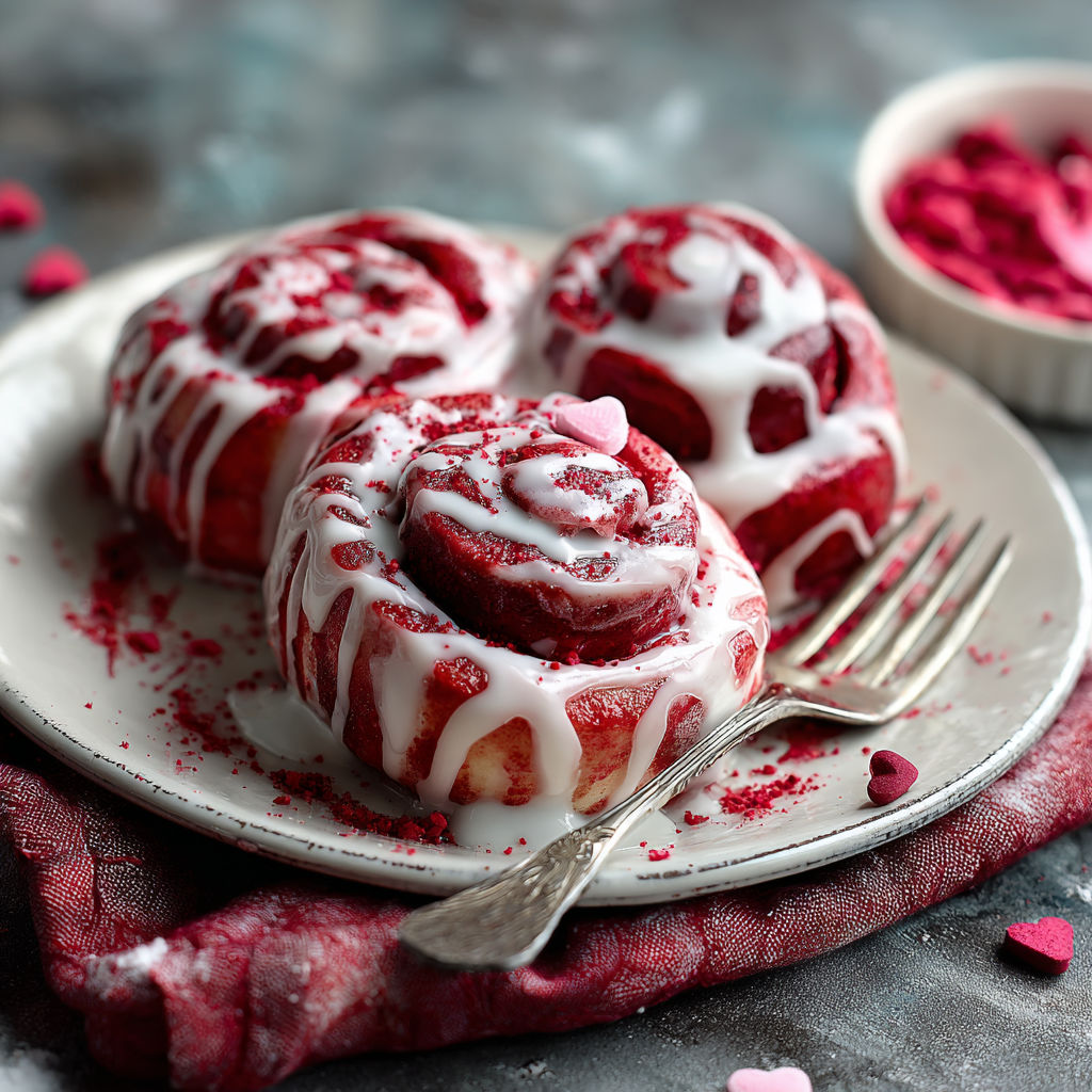 Red velvet cinnamon rolls with white frosting and pink sprinkles.