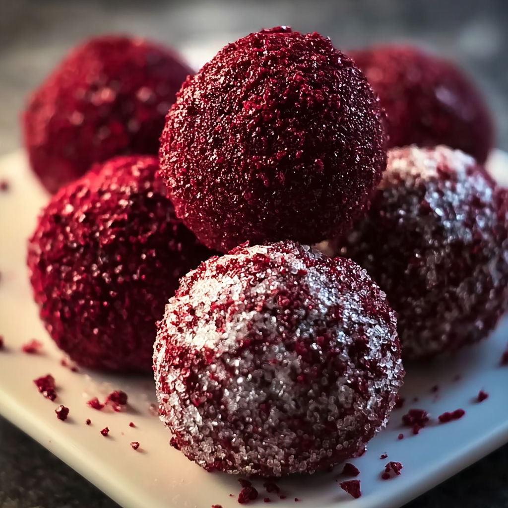 Red velvet truffles on a plate.