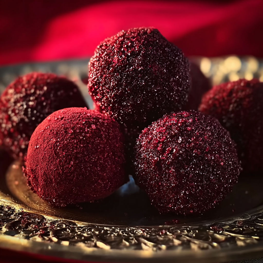 Red velvet truffles on a plate.