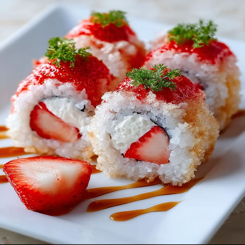 A plate of sushi rolls with strawberries on top.