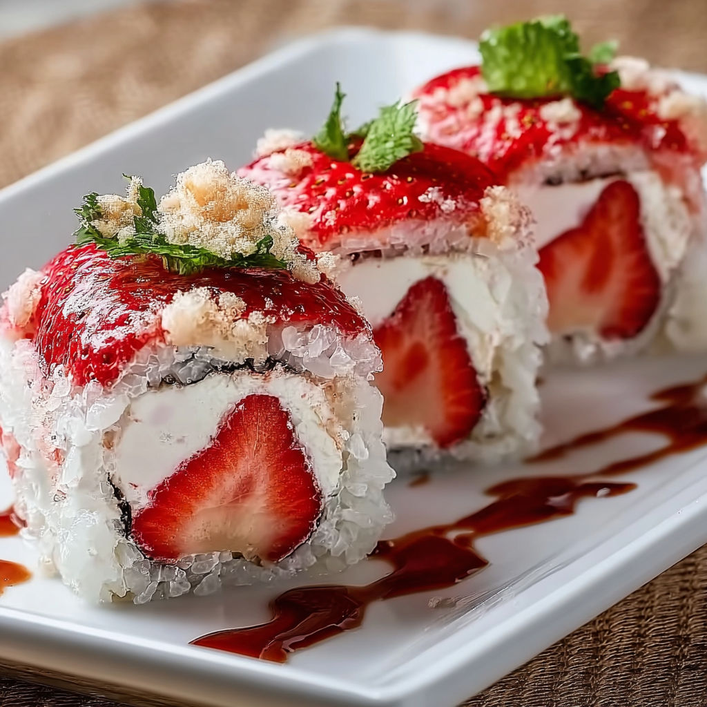 A plate of strawberry shortcake sushi rolls.