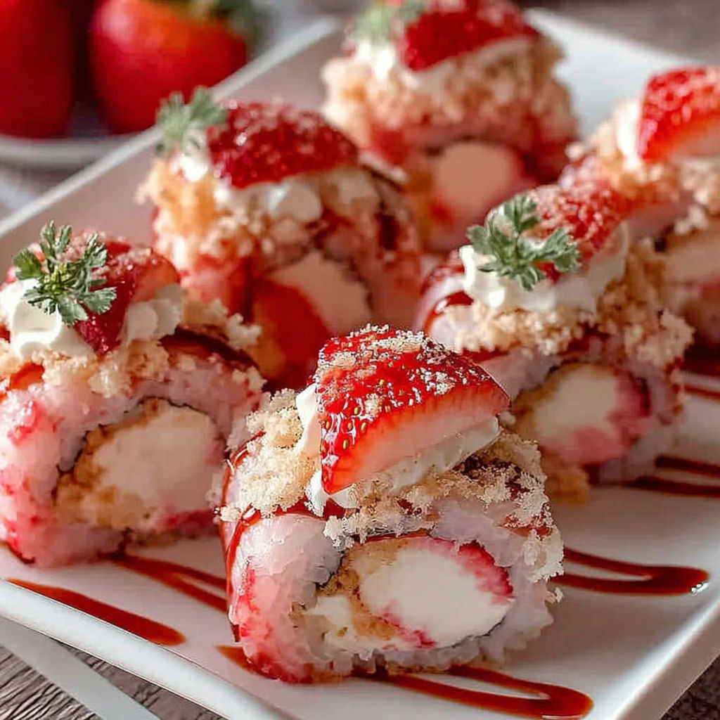 A plate of sushi rolls with strawberries on top.