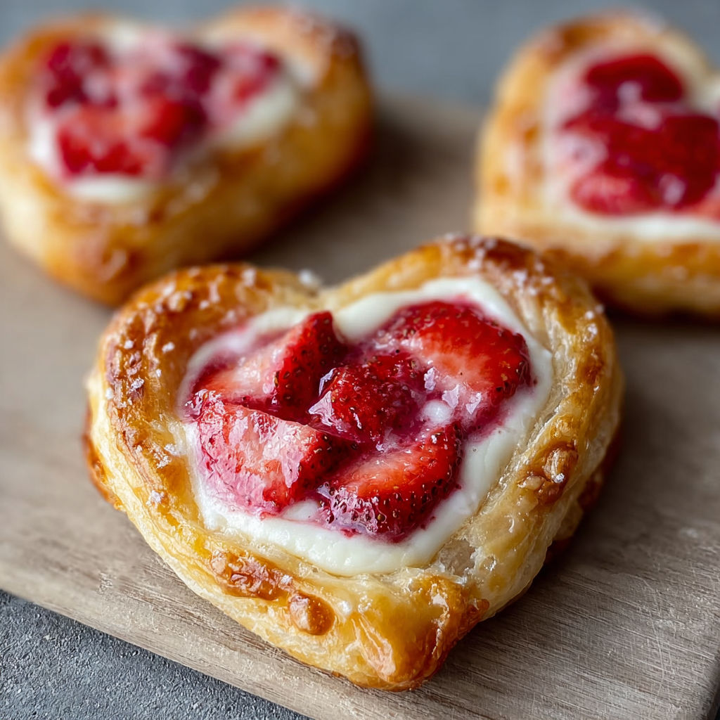A heart shaped pastry with strawberries and cream cheese.