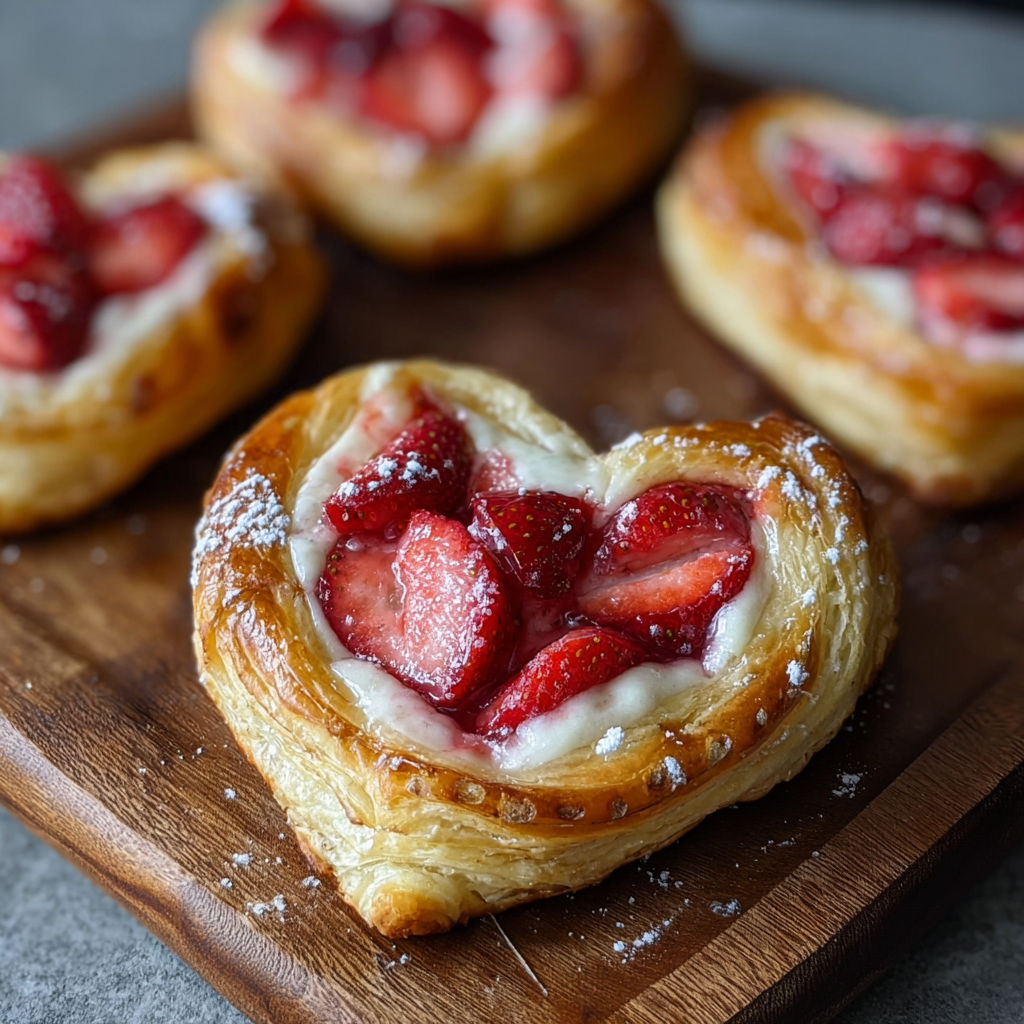 A plate of heart shaped pastries with strawberries and cream cheese.