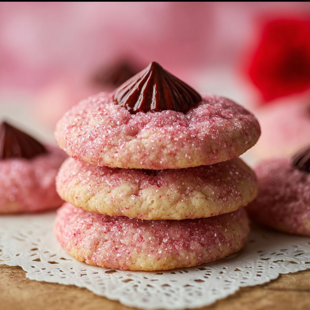 A stack of pink cookies with chocolate drizzles.
