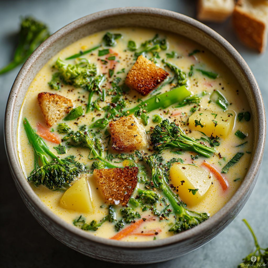A bowl of soup with broccoli, carrots, and potatoes.