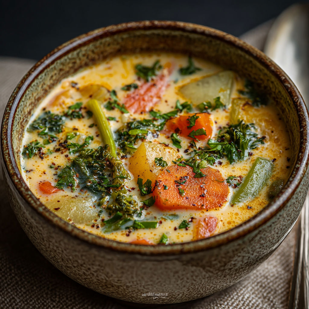 A bowl of soup with vegetables and herbs.