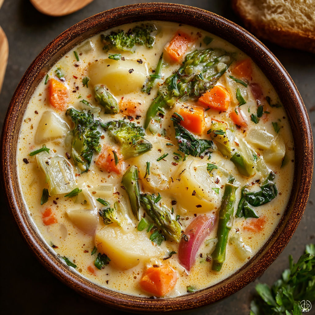 A bowl of soup with vegetables and herbs.