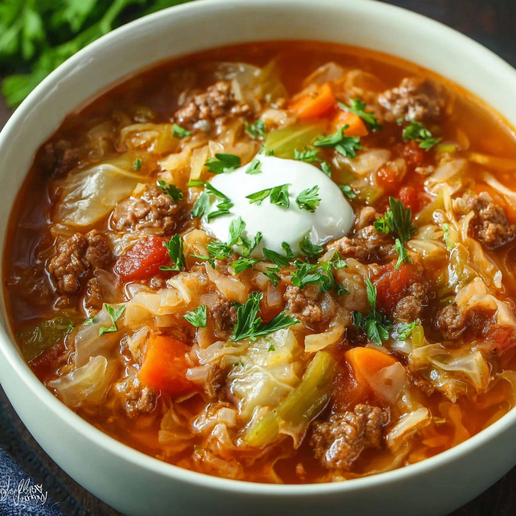 A bowl of cabbage roll soup.