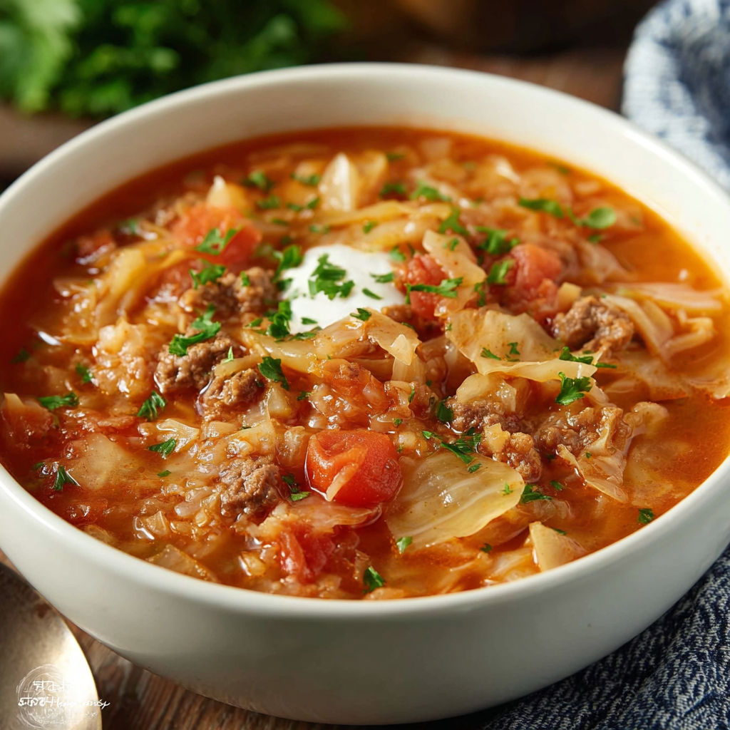 A bowl of cabbage roll soup.