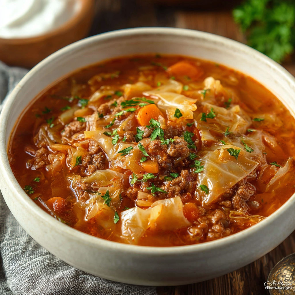 A bowl of cabbage roll soup.