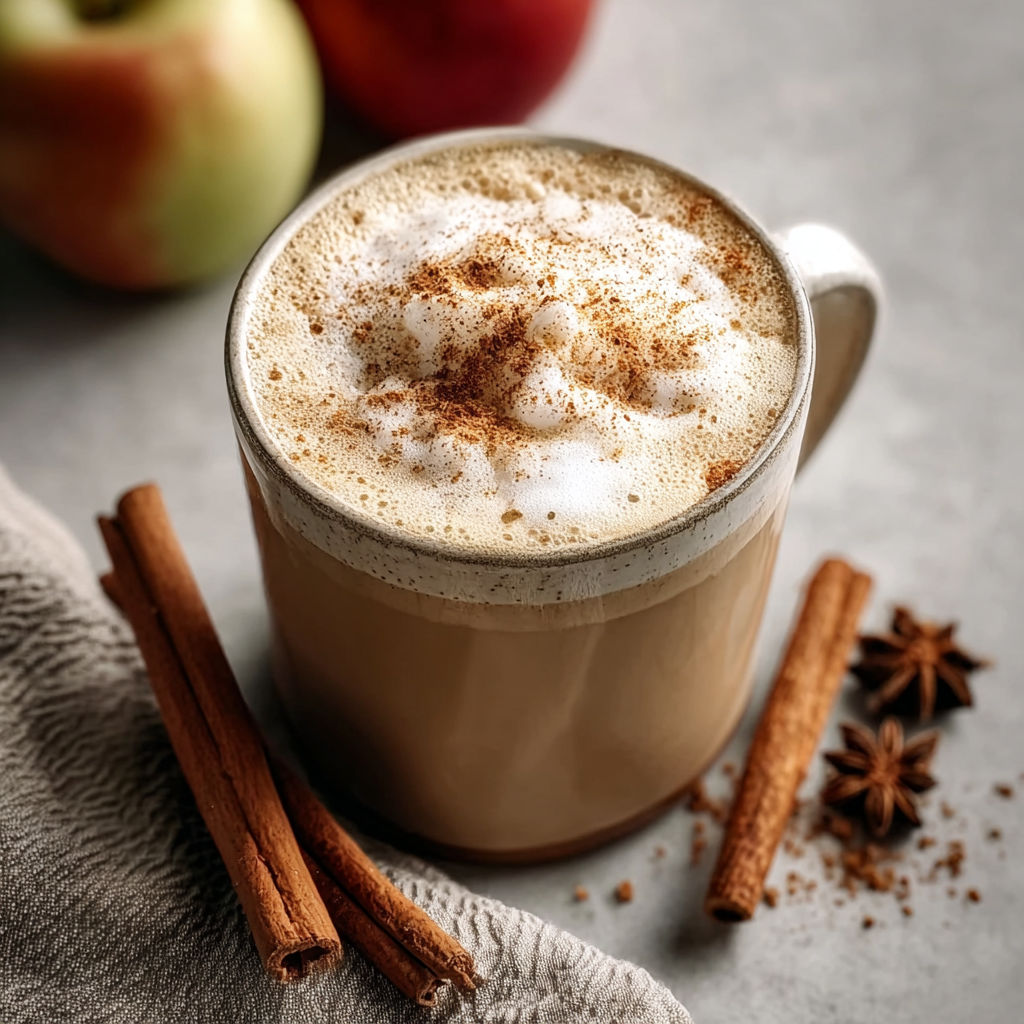 A cup of apple cider chai tea latte with cinnamon and star anise.