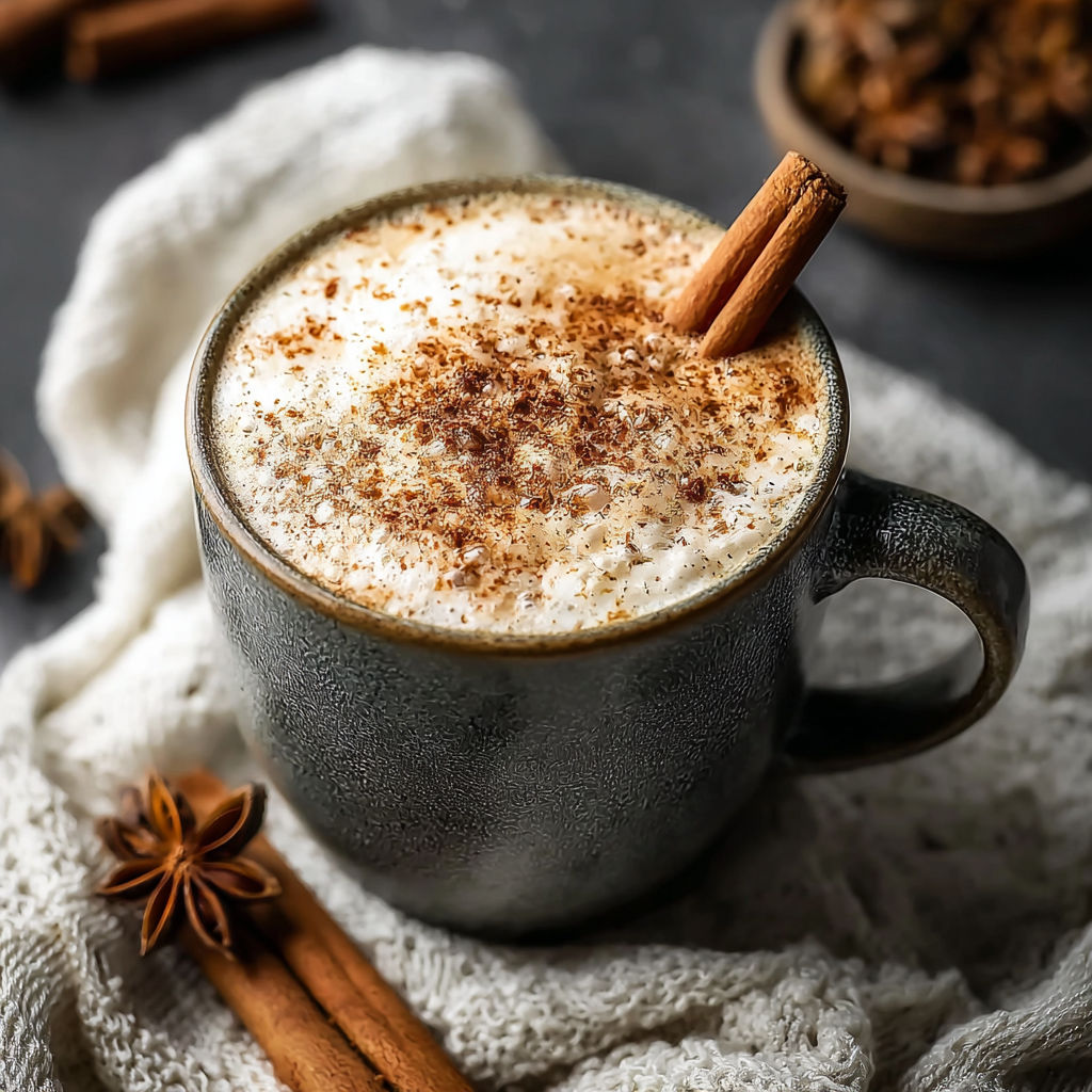 A cup of apple cider chai tea latte with a cinnamon stick in it.