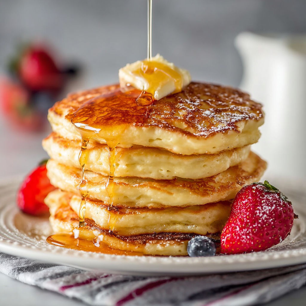 A stack of buttermilk pancakes with butter and strawberries on top.