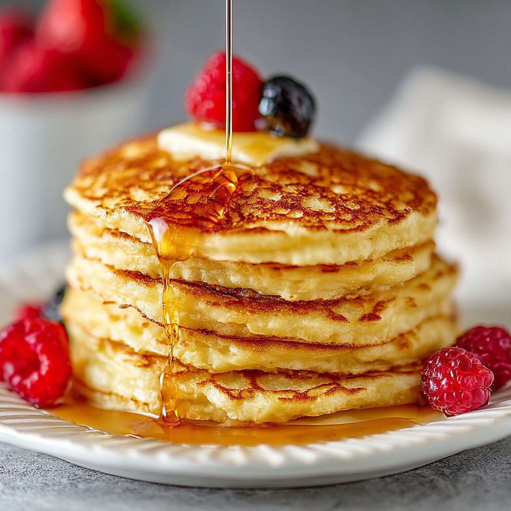 A stack of pancakes with syrup drizzled on top.