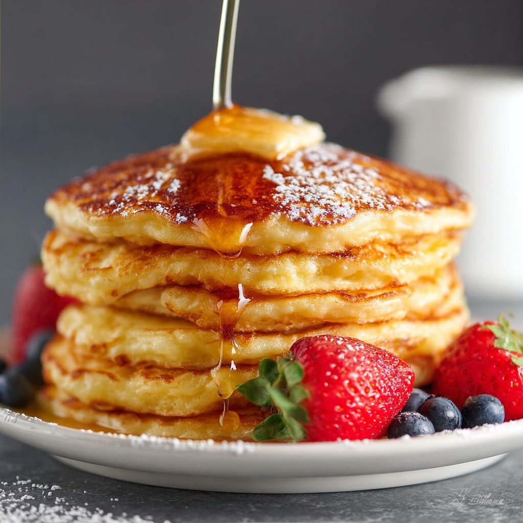 A stack of pancakes with strawberries and blueberries on top.