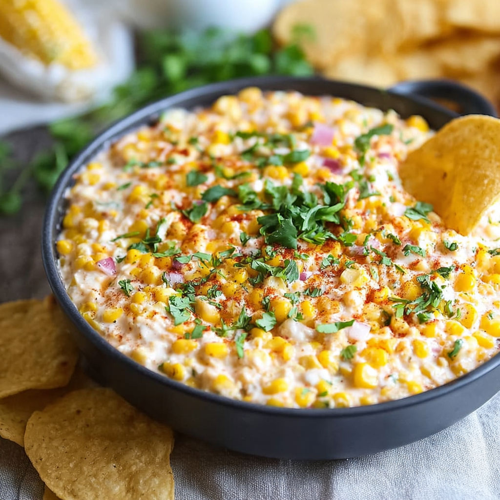 A bowl of corn dip with chips.