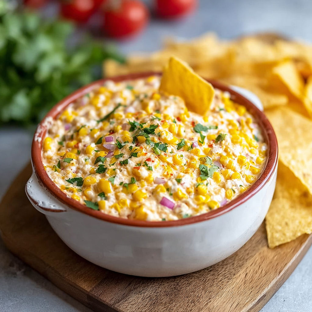 A bowl of corn dip with chips.