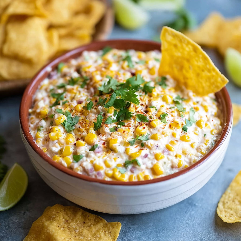 A bowl of corn dip with chips.