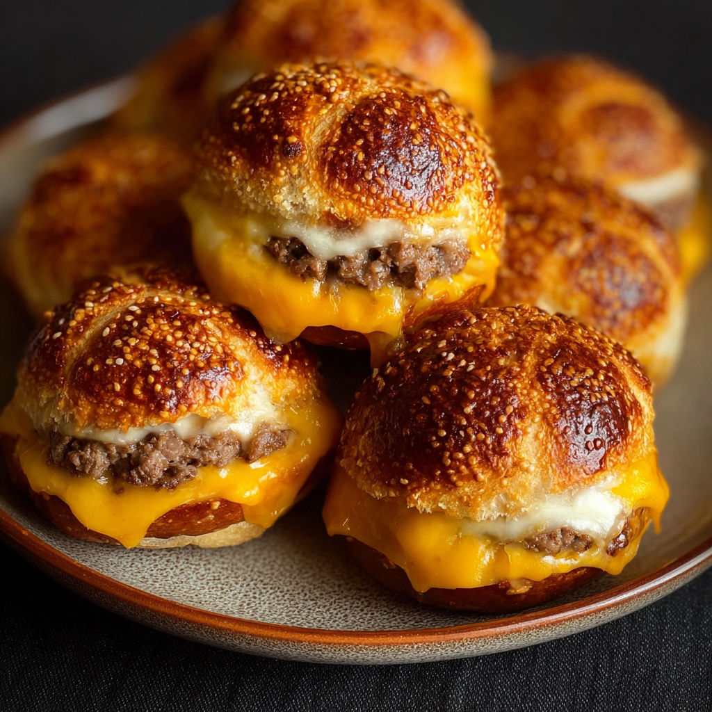A plate of cheeseburger pretzel bombs.