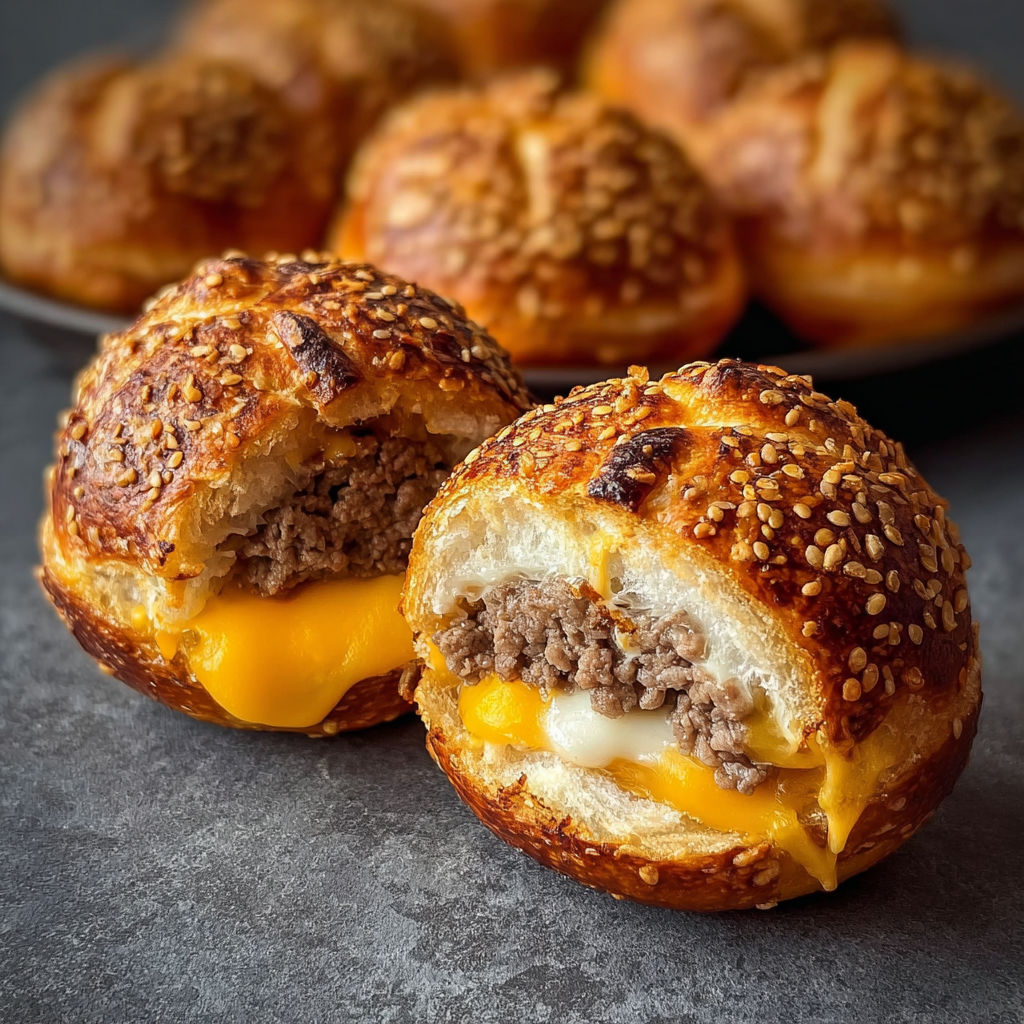 Two cheeseburger pretzel bombs on a table.
