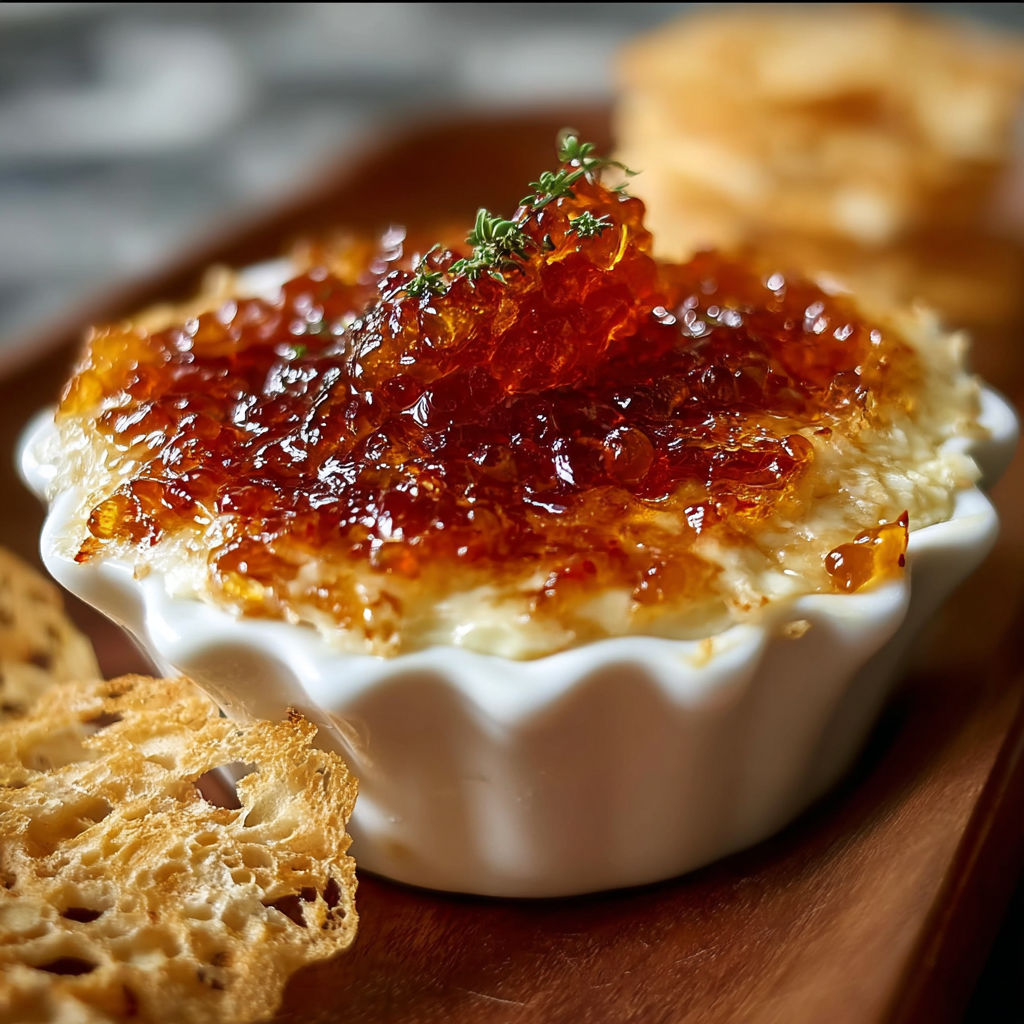 A bowl of pepper jelly cheese dip.