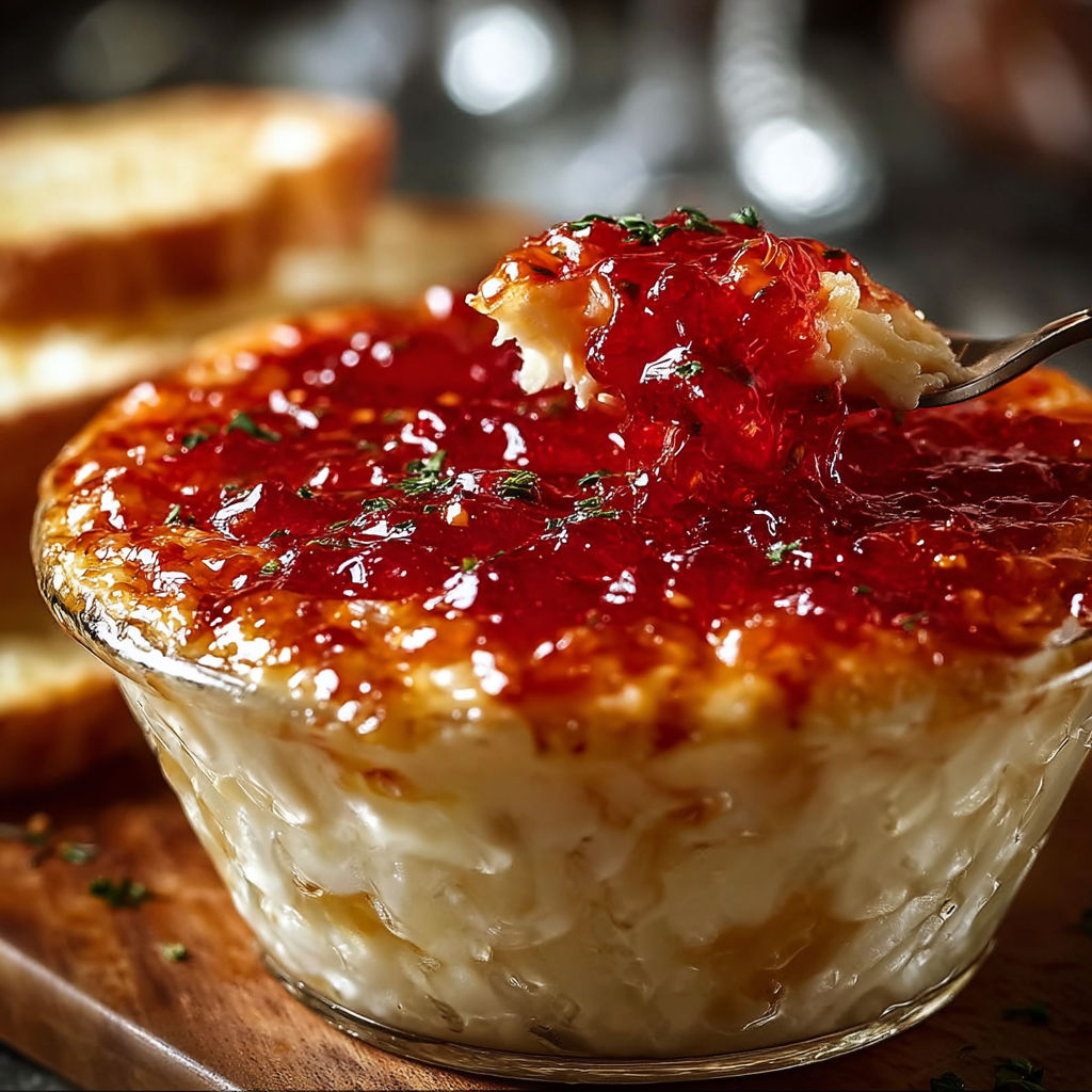 A bowl of pepper jelly cheese dip.